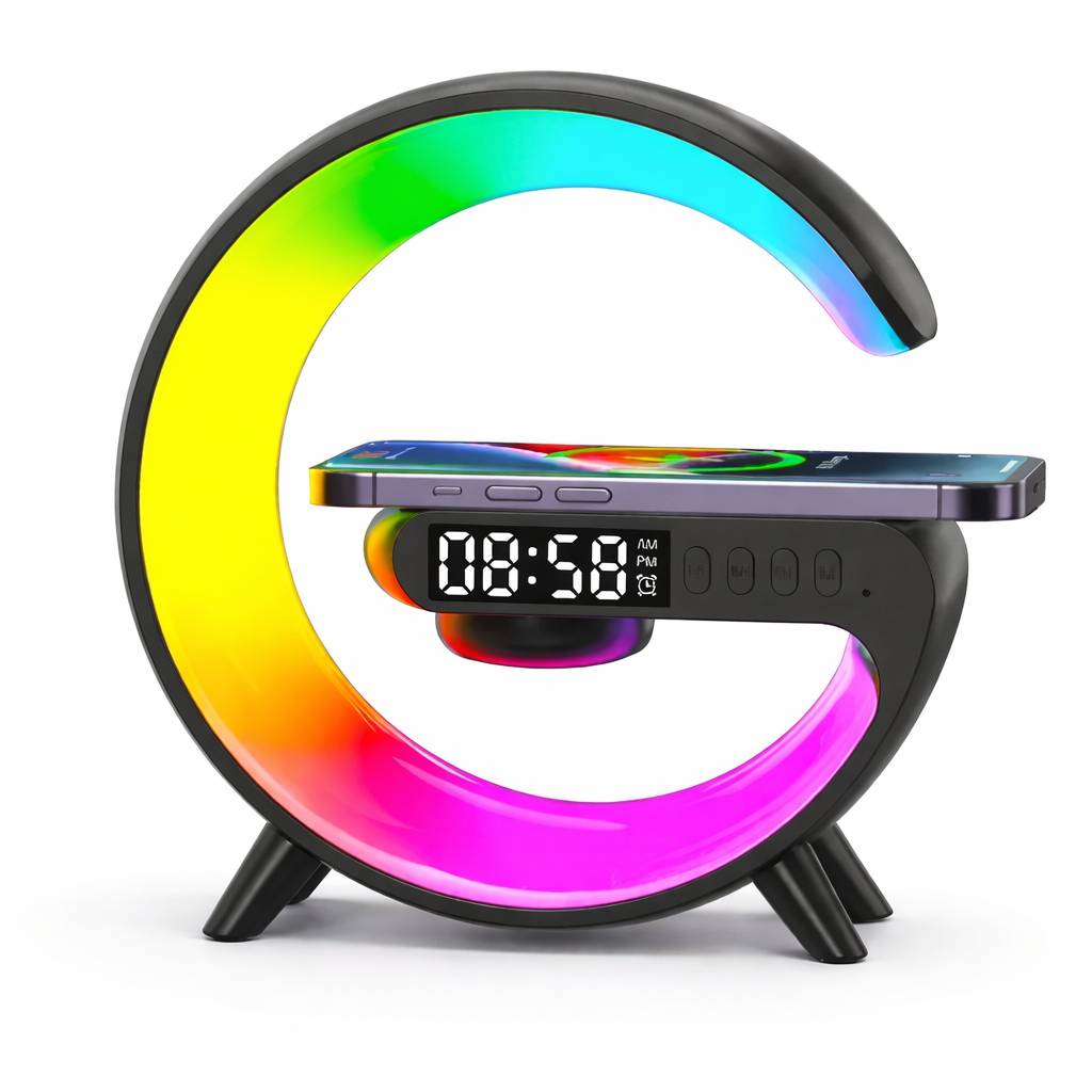 5-in-1 Wireless Charging Station with Bluetooth Speaker & RGB Alarm Clock