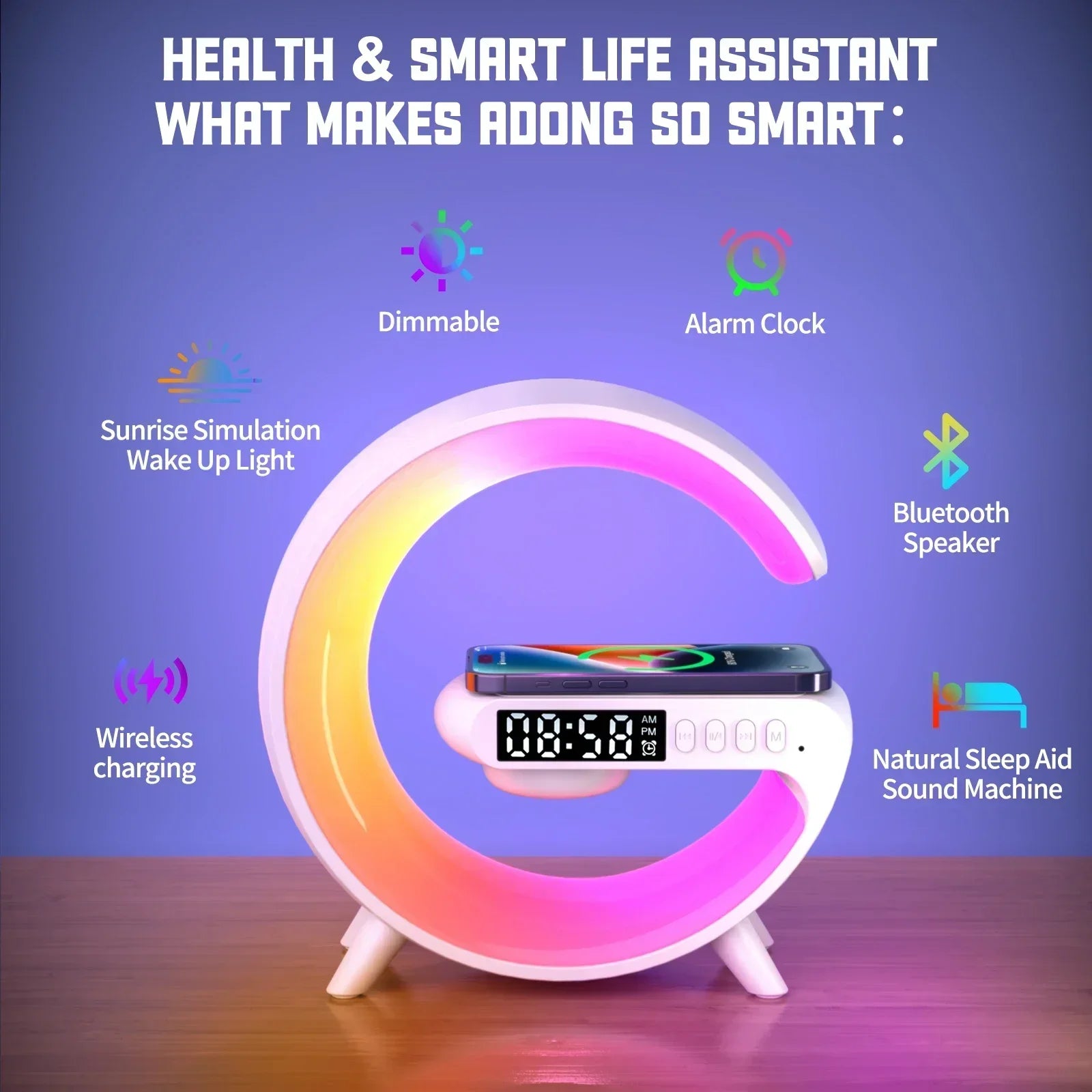 5-in-1 Wireless Charging Station with Bluetooth Speaker & RGB Alarm Clock